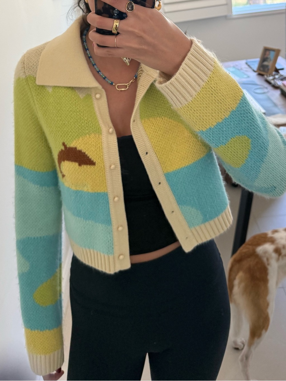 House of Sunny Pastel Yellow Blue Cream Cropped Cardigan - Picture 1 of 4